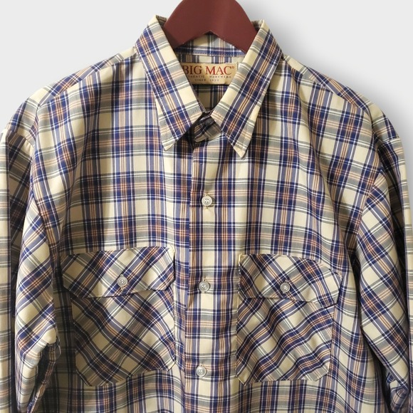 Big Mac Vtg Plaid Work Utility Shirt Large Tan Blue Brown Sz 16-16.5 USA - Picture 2 of 10